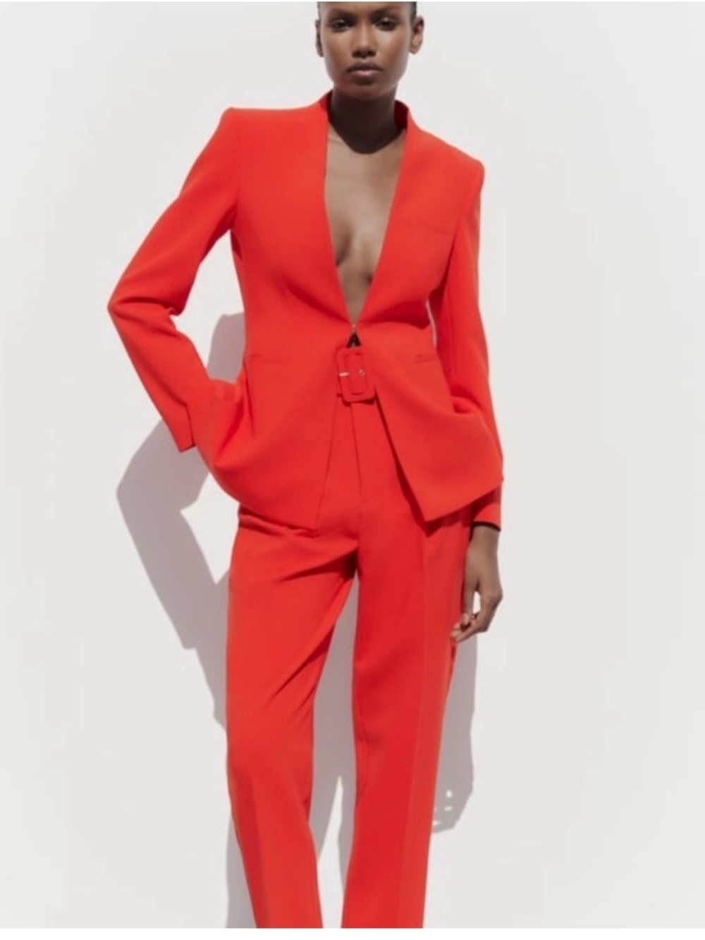 Zara Bright Orange Red High-Waist Belted Trouser Suit Size Small - Picture 1 of 6